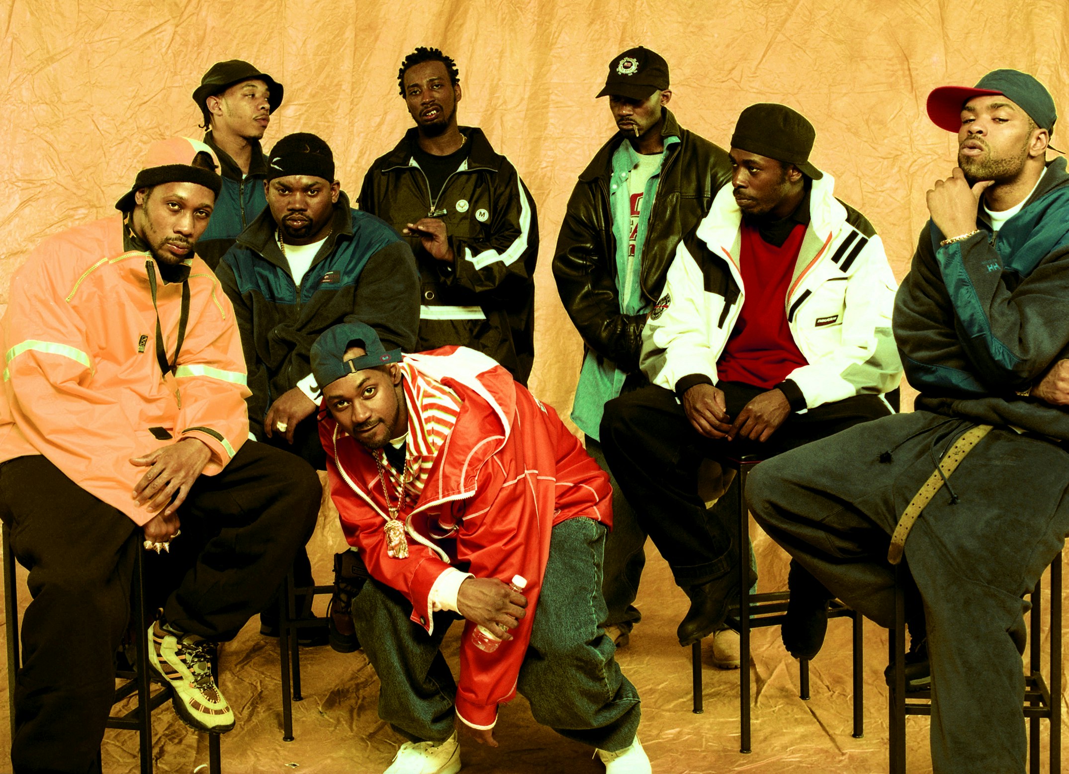 The meeting of the minds. (left to right) RZA, U-God, Raekwon, Ghostface Killah, Ol’ Dirty Bastard, Masta Killa, GZA, and Method Man, New York, April 1997. Photo by Bob Berg via Getty Images.